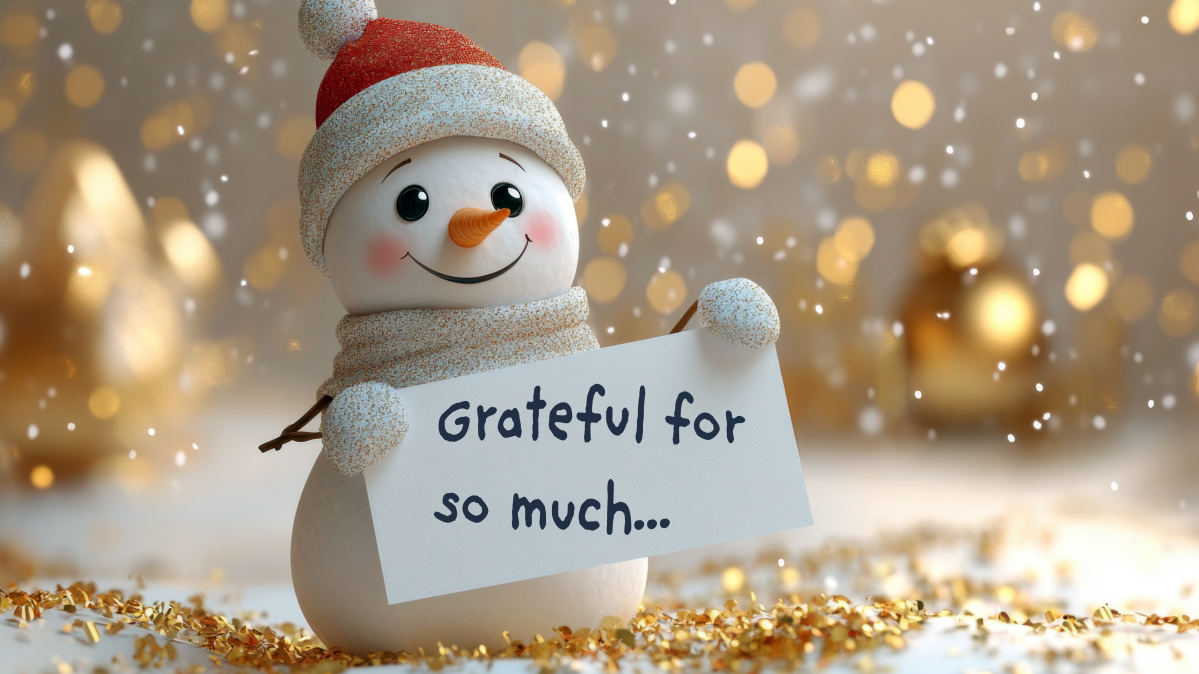 A cute, AI illustration of a snowman holding a sign that reads, "Grateful for so much", while golden snow falls around him.