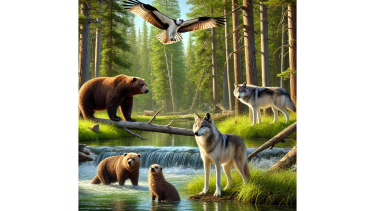 Sow grizzly and cub, otter, osprey and wolves standing together in a creek in a lush forest