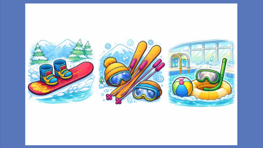 Cartoon of snowboarding, skiing and swimming gear