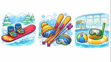 Three graphics showing snowboard and boots; skis, goggles and poles; swim ring, snorkel and beach ball