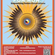Pow Wow poster with a sun emblazoned with brown feathers and a medicine wheel at the centre